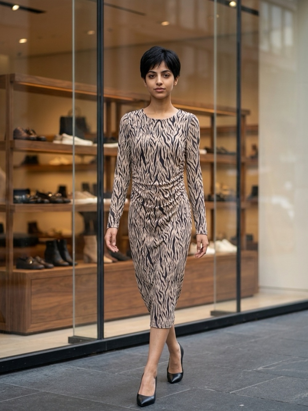 Karen Kane Beige and Black Zebra-Print Long-Sleeve Ruched Sheath Dress